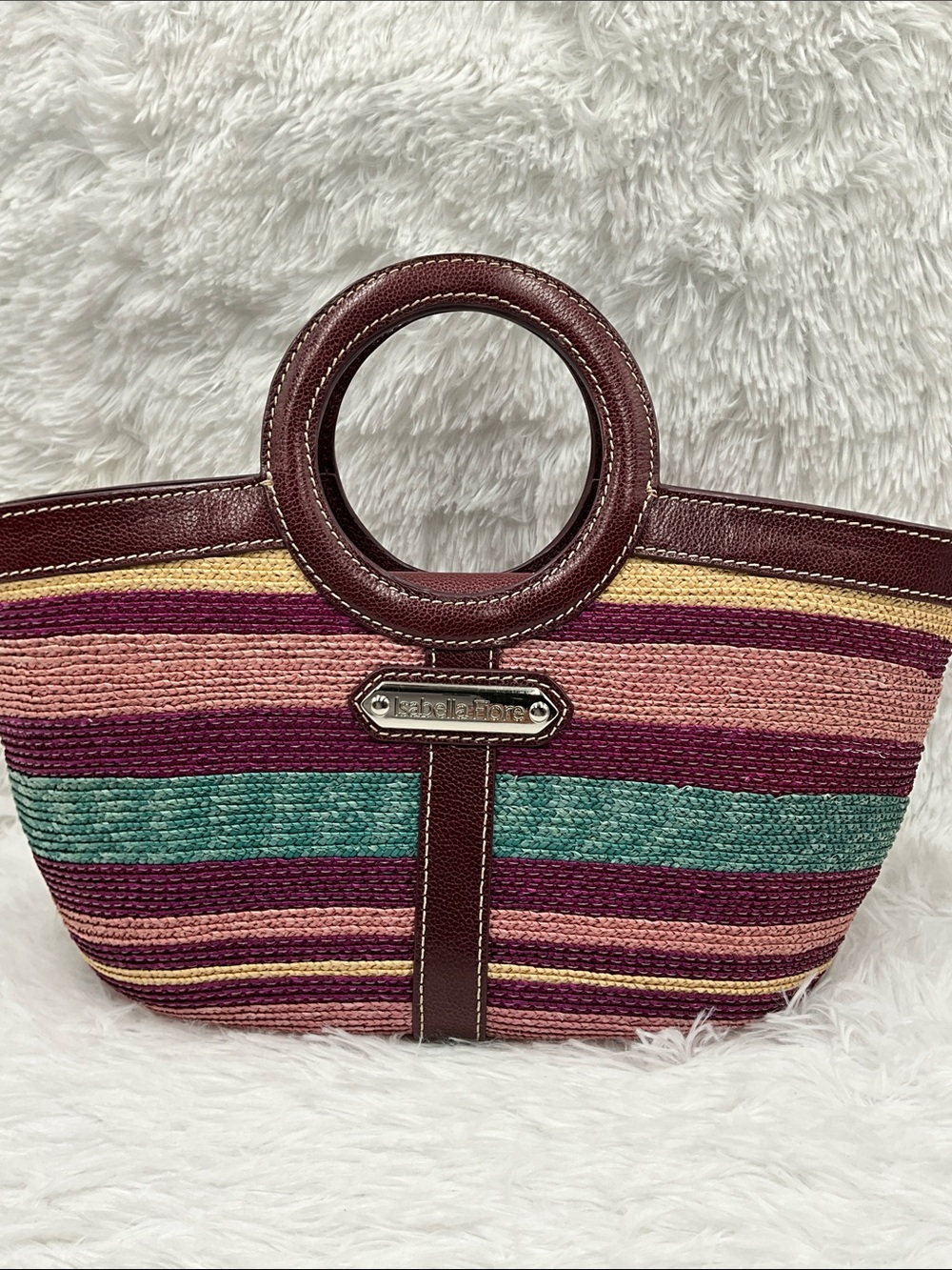 Isabella Fiore Handbag Vintage Woven Straw Body, Leather, Floral Appliqué - Picture 3 of 6